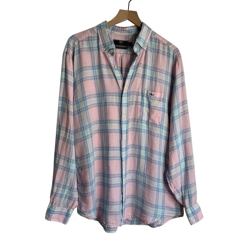 Vineyard Vines Mens Shirt Large Pink Blue Plaid Tucker 100% Linen Beach Resort‎